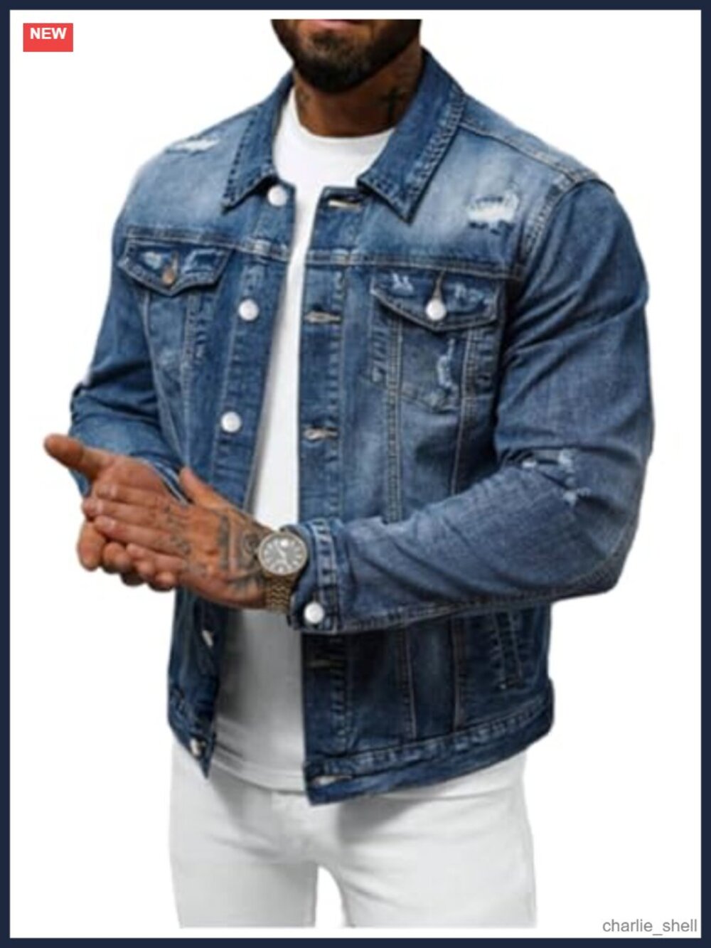 Men's Slim Fit Ripped Distressed Denim Jacket Vintage Trucker